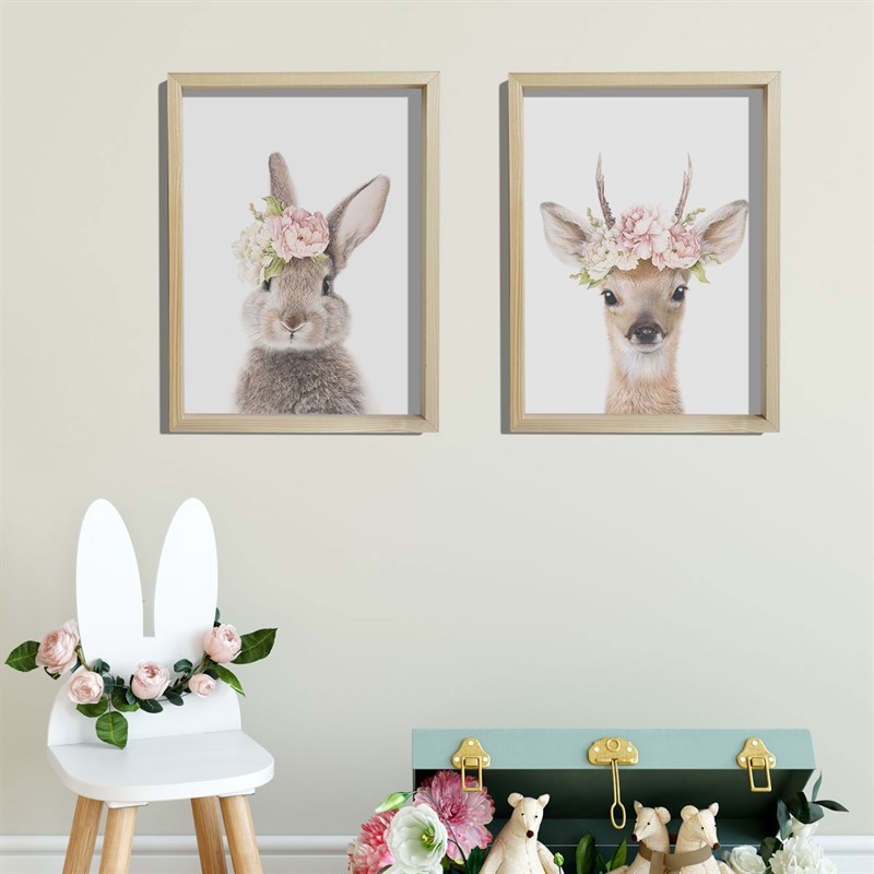 Doğal Çam Çerçeveli Bebek ve Çocuk Odası Duvar Tablosu Çiçekli Tavşan ve Ceylan