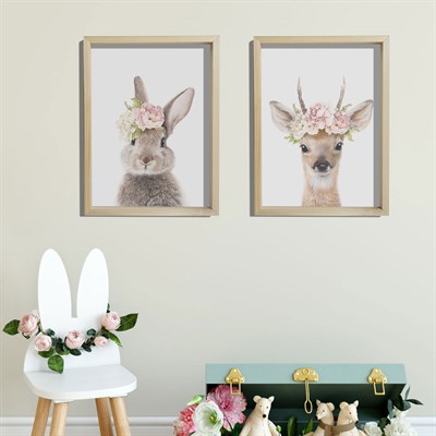 Doğal Çam Çerçeveli Bebek ve Çocuk Odası Duvar Tablosu Çiçekli Tavşan ve Ceylan