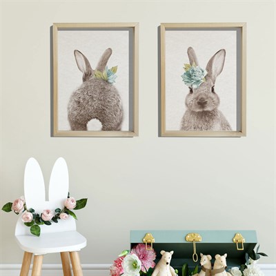 Doğal Çam Çerçeveli Bebek ve Çocuk Odası Duvar Tablosu Mavi  Çiçekli Tavşan