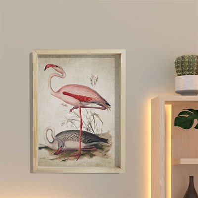 Doğal Çam Çerçeveli Duvar Tablosu Antik Flamingo